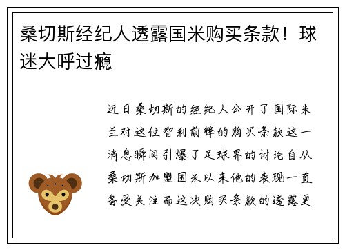 桑切斯经纪人透露国米购买条款！球迷大呼过瘾