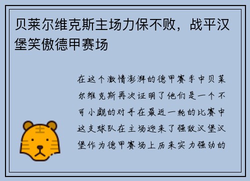 贝莱尔维克斯主场力保不败，战平汉堡笑傲德甲赛场