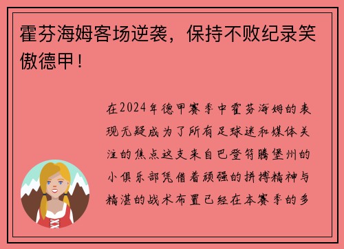 霍芬海姆客场逆袭，保持不败纪录笑傲德甲！