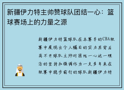 新疆伊力特主帅赞球队团结一心：篮球赛场上的力量之源