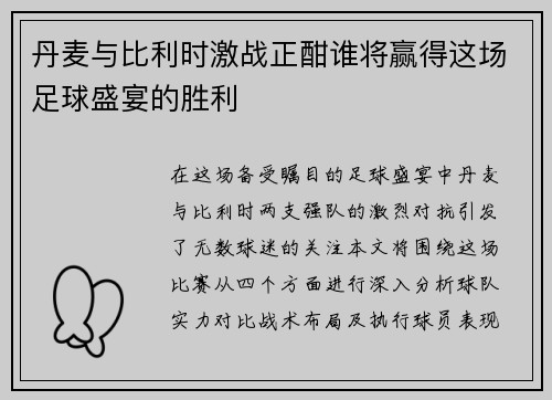 丹麦与比利时激战正酣谁将赢得这场足球盛宴的胜利