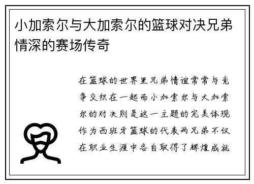 小加索尔与大加索尔的篮球对决兄弟情深的赛场传奇