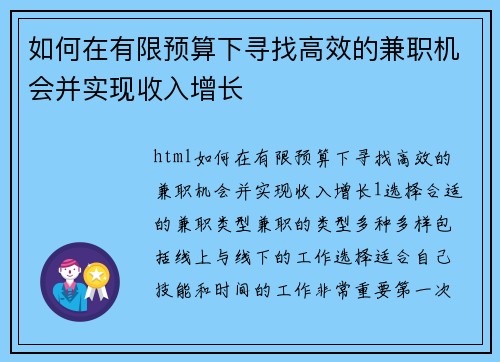 如何在有限预算下寻找高效的兼职机会并实现收入增长