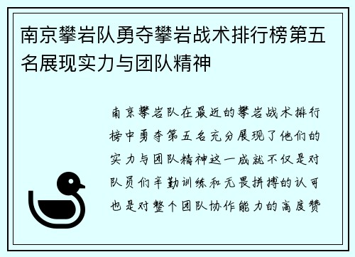 南京攀岩队勇夺攀岩战术排行榜第五名展现实力与团队精神