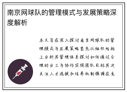 南京网球队的管理模式与发展策略深度解析
