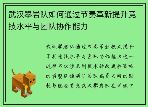 武汉攀岩队如何通过节奏革新提升竞技水平与团队协作能力