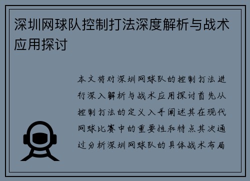 深圳网球队控制打法深度解析与战术应用探讨